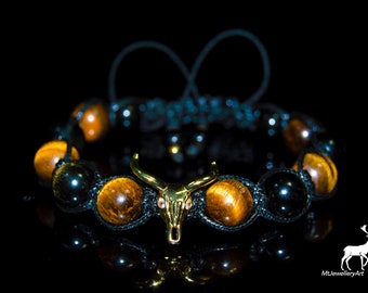 Tigerauge Verstellbare Makramee Edelstein Armband, Heilung Kristall Schmuck Geschenk für Ihn, Geburtsstein Armband Echtes Tigerauge