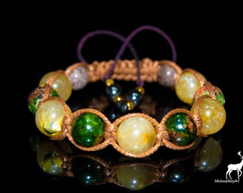 Gioielli con pietre preziose di quarzo rutilo e unakite, bracciale macramè regolabile da donna, regalo di cristallo curativo per lei, bracciale portafortuna