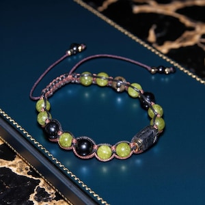 Canadian Jade and Tourmaline Bracelet for Men • Adjustable Macrame Stone Jewelry for Strength, Balance and Protection • Gift for Him or Dad