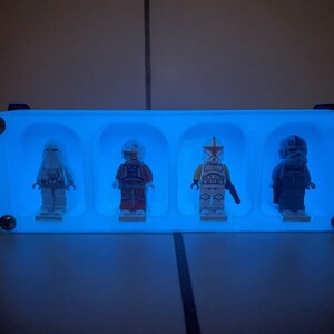 GLOW in THE DARK minifigures Lego figure display case, wall shelf, collector's frame, standee, type case with plexiglass for 4 Lego figures