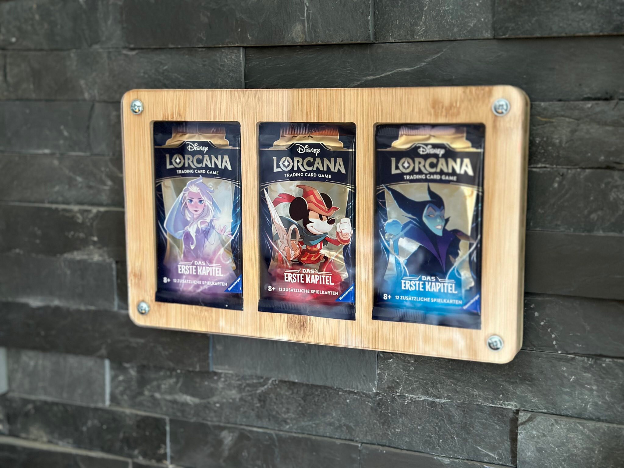 High-quality collector's frame for 3 Disney's Lorcana trading card booster packs made of bamboo