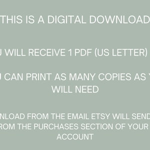K&ouml;nnte beinhalten: Text auf hellgr&uuml;nem Hintergrund, der lautet: "Dies ist ein digitaler Download. Sie erhalten 1 PDF-Datei (US Letter). Sie k&ouml;nnen so viele Kopien drucken, wie Sie ben&ouml;tigen. Laden Sie die Datei von der E-Mail herunter, die Etsy Ihnen sendet, oder aus dem Kaufbereich Ihres Etsy-Kontos."