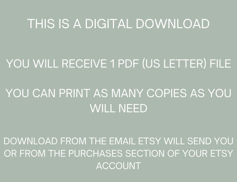K&ouml;nnte beinhalten: Text auf hellgr&uuml;nem Hintergrund, der lautet: "Dies ist ein digitaler Download. Sie erhalten 1 PDF-Datei (US Letter). Sie k&ouml;nnen so viele Kopien drucken, wie Sie ben&ouml;tigen. Laden Sie die Datei von der E-Mail herunter, die Etsy Ihnen sendet, oder aus dem Kaufbereich Ihres Etsy-Kontos."