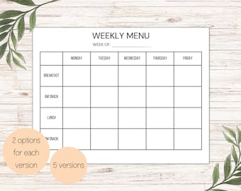 Weekly Daycare Menu Planner: 5 Versions (Instant Download)