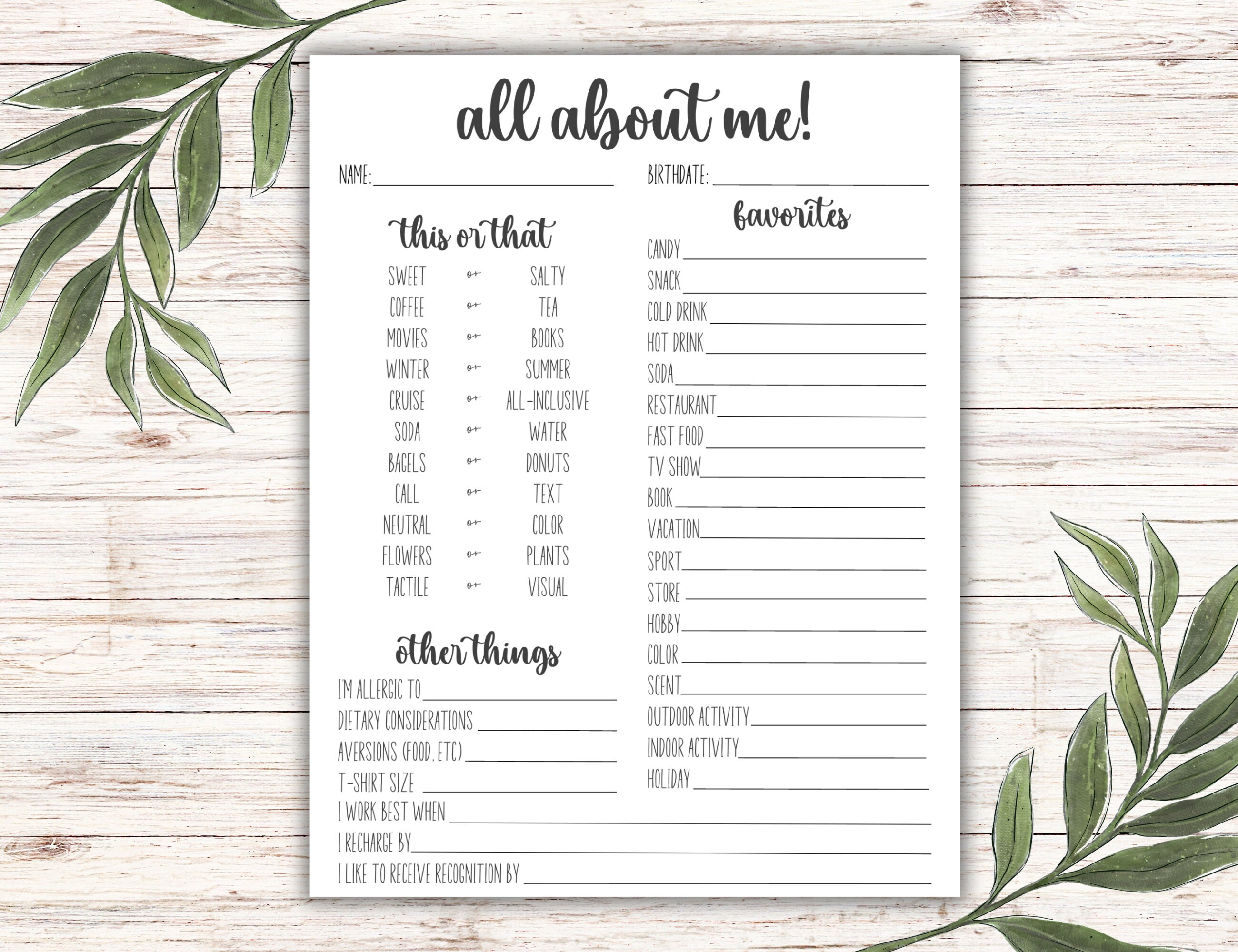 All About Me Favorites Survey Staff Questionnaire Staff - Etsy