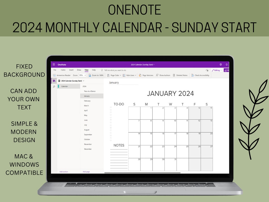 Calendario mensual OneNote 2024 Inicio del domingo, resumen del año