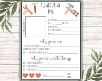 パパのことすべて印刷可能、おじいちゃん、パパへのパーソナライズされたギフト、父の日の空欄を埋める、誕生日プレゼント、すぐにダウンロード