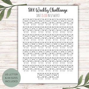 52 Week Savings Challenge, Savings Tracker, 5200 in 52 Weeks, 100 Weekly Savings, Money Challenge, Instant Download, Printable