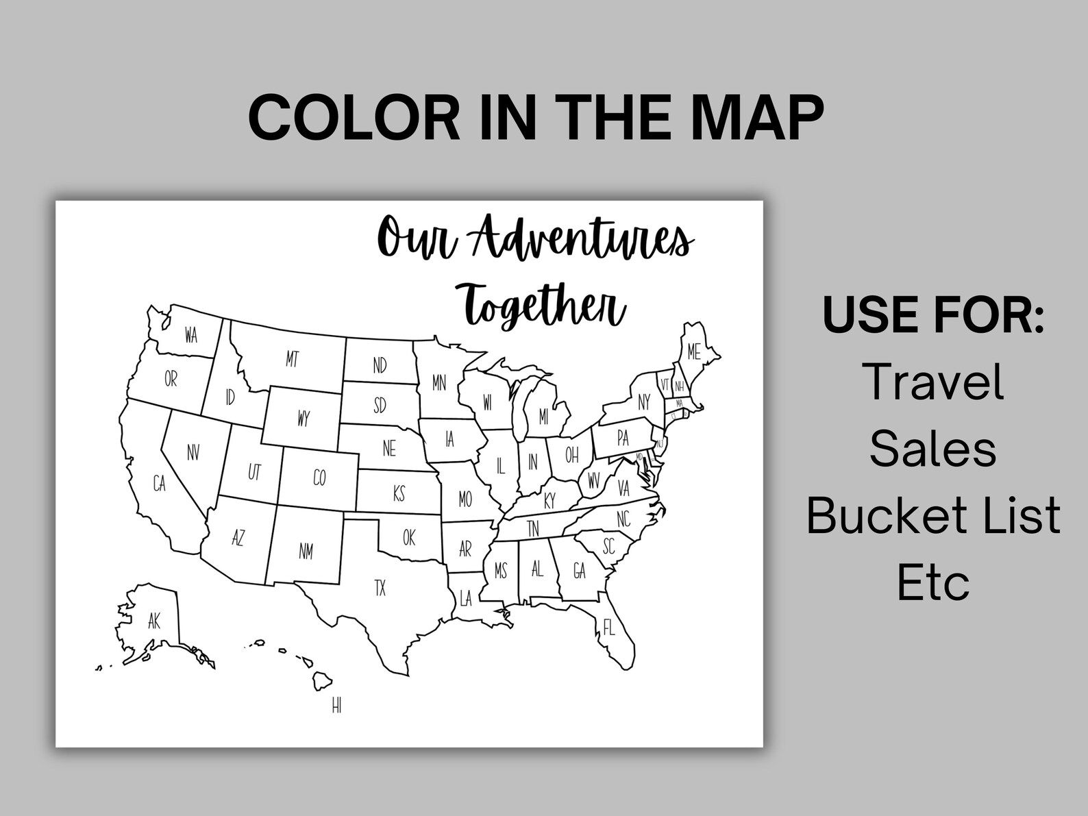 USA Travel Tracker Map: Coloring Page, State Initials (digital Download ...