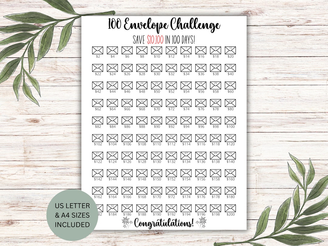 100 Envelope Challenge Printable, 100 Day Savings, 10k Money Savings ...