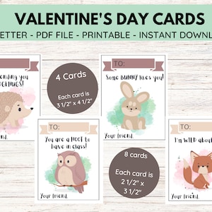 Woodland Animal Valentine&#39;s Day Card Printable, Preschool Valentine, Classroom Valentine Day Cards