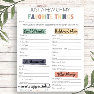 Favorites Survey, Printable, Questionnaire, My Favorite Things, Get to Know Me, Teachers Favorite Survey, Appreciation Survey