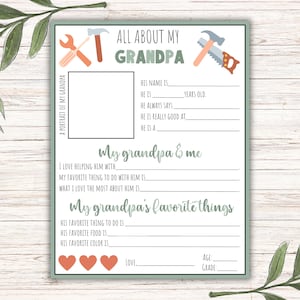 All About My Grandpa Printable, Personalized Gift For Grandpa, Grandpa, Fill in the Blank for Father's Day, Birthday Gift, Instant Download