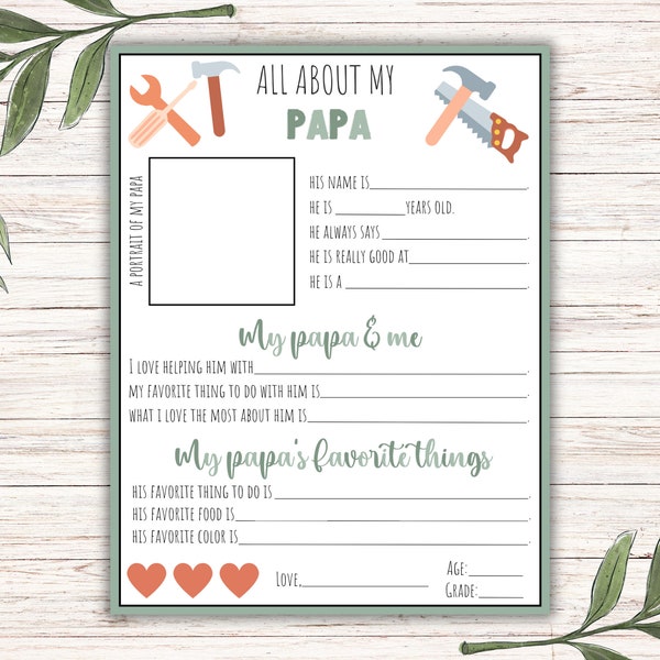 All About My Papa Printable, Personalized Gift For Grandpa, Papa, Fill in the Blank for Father's Day, Birthday Gift, Instant Download