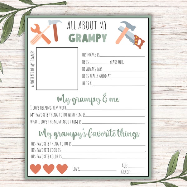 All About my Grampy Printable, Personalized Gift For Grandpa, Fill in the Blank for Father's Day, Birthday Gift, Instant Download