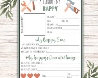 印刷可能な「All About My Bappy」、おじいちゃんへのパーソナライズギフト、Bappy、父の日の空欄を埋める、誕生日プレゼント、すぐにダウンロード