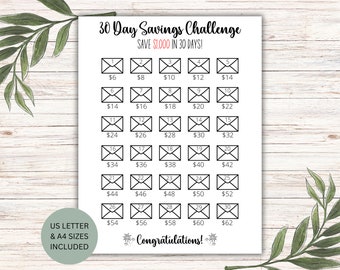 30 Day Saving Challenge, Savings Tracker, Money Challenge, 1000 in 100 Days, Instant Download, Printable