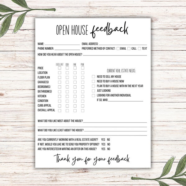 Open House Feedback Form, Open House Survey, Realtor Forms, Instant Download, Printable