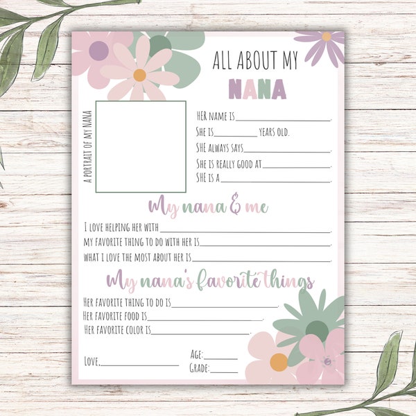 All About My Nana Printable, Personalized Gift For Grandma, Nana, Fill in the Blank for Mother's Day, Birthday Gift, Instant Download