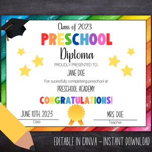 Diploma de Preescolar, Diploma de Guardería, Certificado de Graduación, Graduación de Preescolar, Recursos para Maestros, Editable en Canva, Descarga Instantánea
