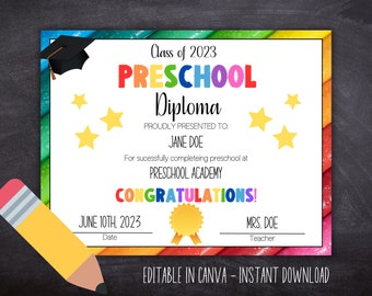 幼稚園卒業証書テンプレート：編集可能な卒業証明書（Canva、すぐにダウンロード）