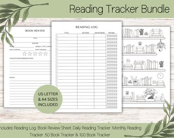 読書トラッカーバンドル：印刷可能な読書記録ジャーナル（USレター、A4）（デジタルダウンロード）