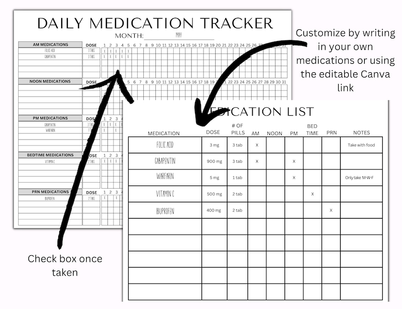 Daily Medication Tracker, Medication Log, Daily Medication Sheet, Medication List, Printable, Instant Download, Editable in Canva image 2