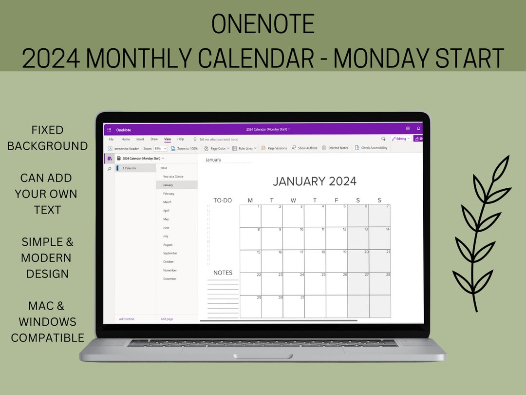 Onenote 2024 Monthly Calendar Monday Start, Year at a Glance, Calendar