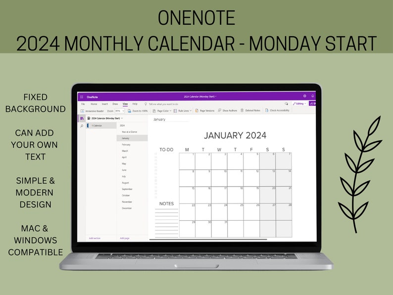 Onenote 2024 Monthly Calendar Monday Start, Year at a Glance, Calendar