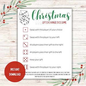 Christmas Gift Exchange Dice Game, Christmas Group Party Game, Classroom Game, Kids Christmas Game, Printable Game, Instant Download