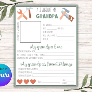 Tutto su mio nonno/papà stampabile, da riempire per la festa del papà, regalo di compleanno, modificabile in Canva, download immediato