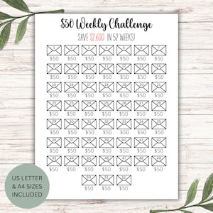 52 Week Savings Challenge, Savings Tracker, Save 50 Weekly, 2600 in 52 Weeks, Money Challenge, Instant Download, Printable
