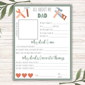 All About My Dad Printable, Personalized Gift For Dad, Bonus Dad, Fill in the Blank for Father's Day, Birthday Gift, Instant Download