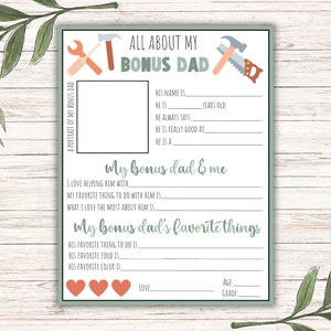 All About My Bonus Dad Printable, Personalized Gift For Dad, Fill in the Blank for Father&#39;s Day, Birthday Gift, Instant Download