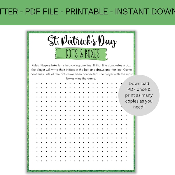 Dots & Boxes Printable Game, Connect the Dots, Dot to Dot, St Patricks Day Game, Classroom Game, Instant Download, Printable Game