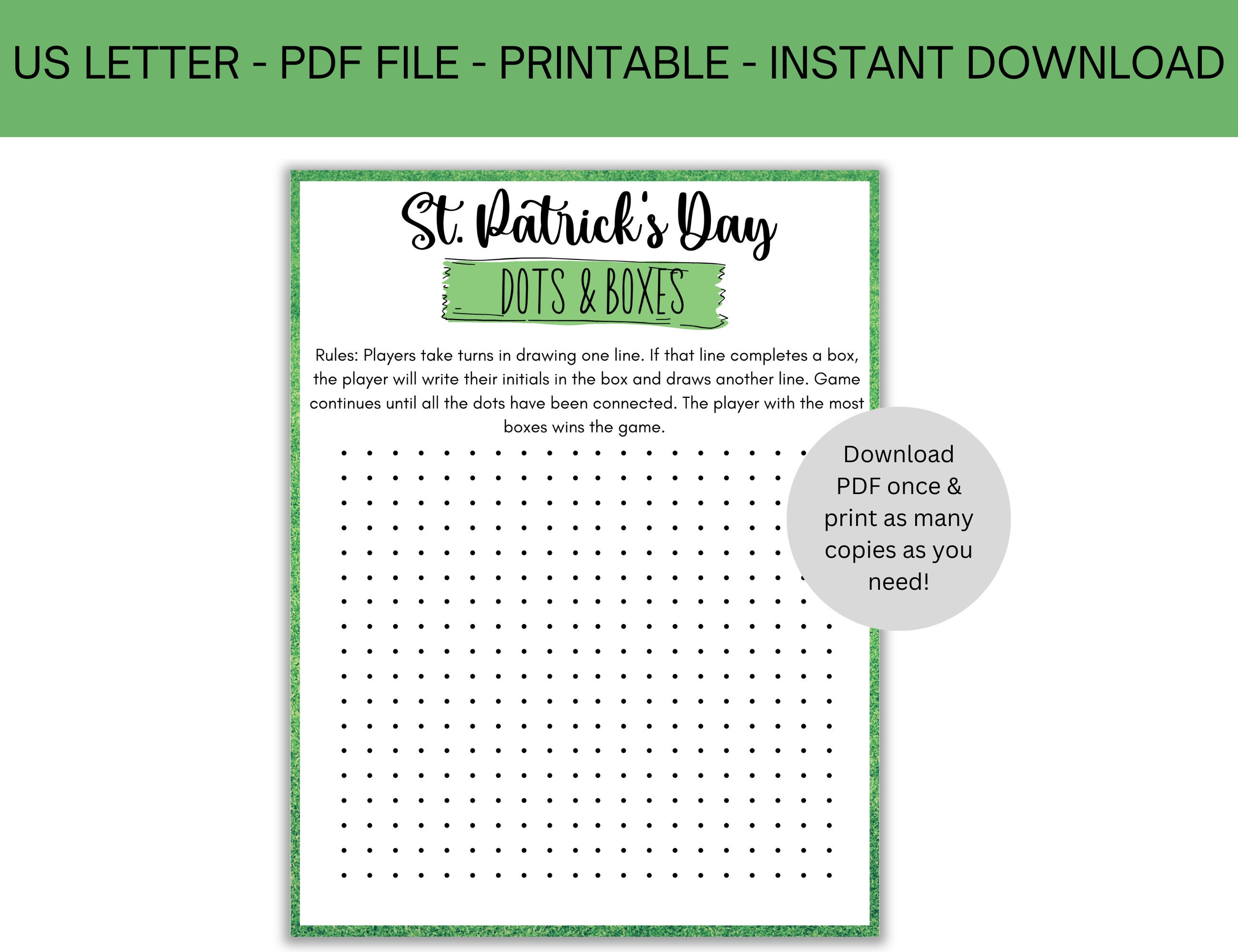 Dots Boxes Printable Game Connect the Dots Dot to Dot St Patricks Dots Boxes Printable Game Connect the Dots Dot to Dot St Patricks