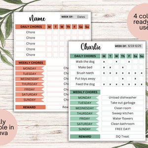 Chore Chart for Kids, Editable Daily and Weekly Kids Chore Chart, Chore Chart Printable, Editable in Canva, Chore Checklist, Printable