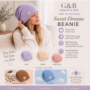 May include: A lilac beanie with a small rectangular patch, part of the G&R Gracie & Roo Sweet Dreams collection. The beanie features a silver lining for EMF blocking and is shown in additional colours including cream, pink cloud, morning coffee, and sky blue.
