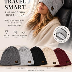 May include: A collection of five cable-knit beanies in dark grey, light grey, black, cream, and burgundy. Each beanie features a small crown logo patch and an integrated silver lining for EMF protection, designed to pull down as an eye mask.