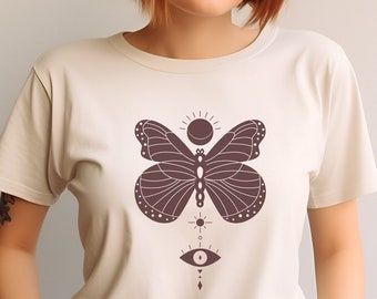 Celestial Butterfly T-Shirt: Mystical Sun, Moon & Evil Eye Design