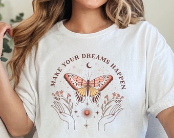 Mystische himmlische Schmetterling Shirt, Moon Star Shirt, Witchy Geschenk, Gothic spirituelle Shirt, süßes Boho Luna Gothic Tee, Motivation Zitat Tee