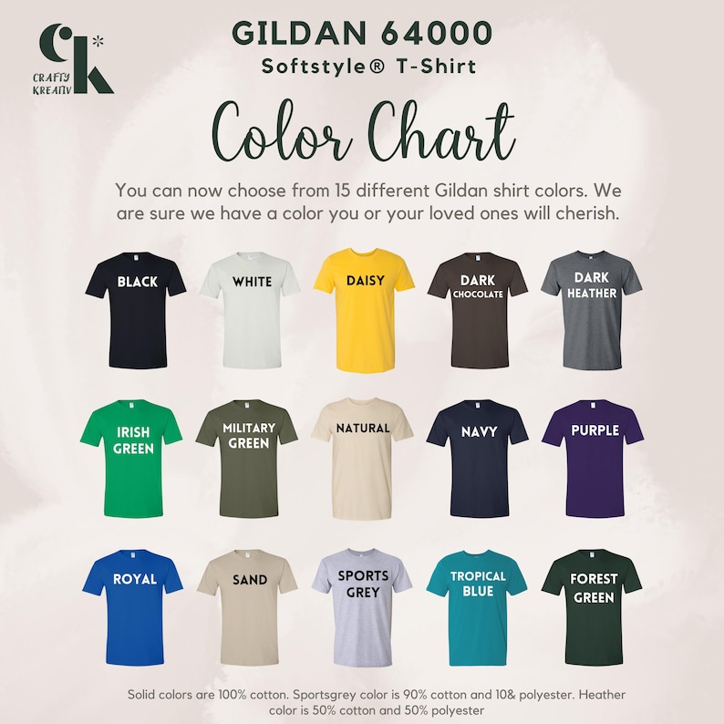 K&ouml;nnte beinhalten: Farbkarte f&uuml;r Gildan 64000 Softstyle T-Shirts. Die Karte zeigt 15 verschiedene Farben, darunter Schwarz, Wei&szlig;, G&auml;nsebl&uuml;mchen, Dunkelbraun, Dunkelgrau, Irischgr&uuml;n, Milit&auml;rgr&uuml;n, Natur, Marine, Lila, Royal, Sand, Sportgrau, Tropenblau und Waldgr&uuml;n. Einfarbige Farben sind 100% Baumwolle, Sportgrau ist 90% Baumwolle und 10% Polyester, und Melange ist 50% Baumwolle und 50% Polyester.