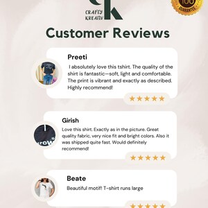 K&ouml;nnte beinhalten: Kundenbewertungen f&uuml;r ein T-Shirt-Unternehmen namens Crafty Kreativ. Die Bewertungen sind positiv und beinhalten Kommentare zur Qualit&auml;t der Shirts, zur Passform und zur Versandgeschwindigkeit. Die Bewertungen werden mit F&uuml;nf-Sterne-Bewertungen versehen.