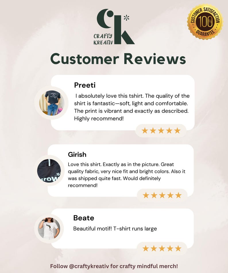 K&ouml;nnte beinhalten: Kundenbewertungen f&uuml;r ein T-Shirt-Unternehmen namens Crafty Kreativ. Die Bewertungen sind positiv und beinhalten Kommentare zur Qualit&auml;t der Shirts, zur Passform und zur Versandgeschwindigkeit. Die Bewertungen werden mit F&uuml;nf-Sterne-Bewertungen versehen.