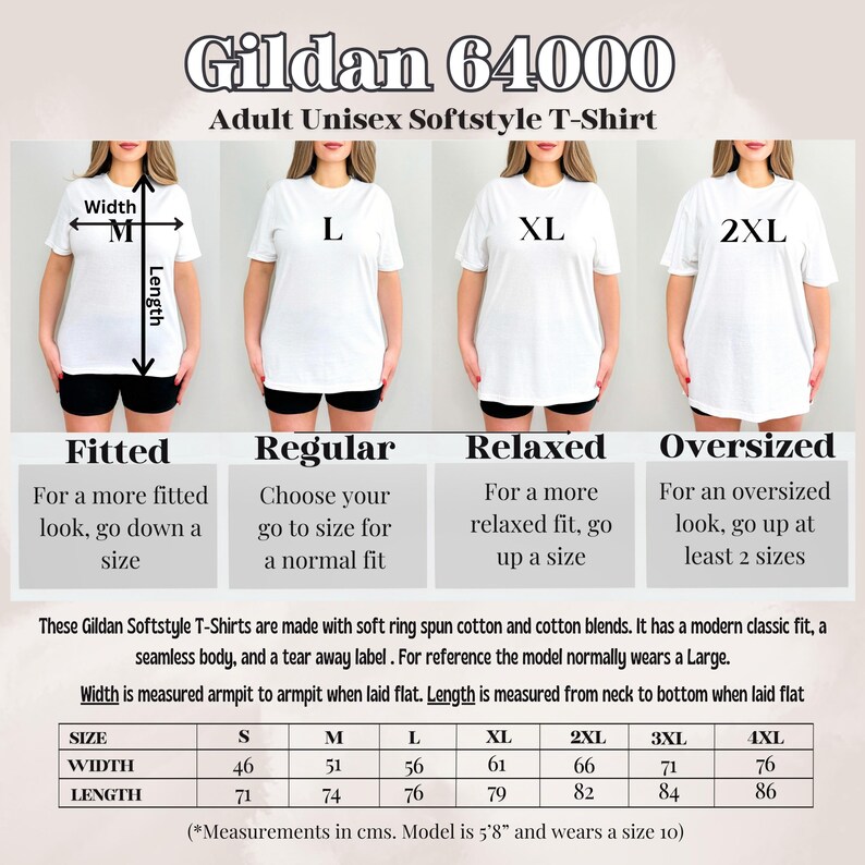 K&ouml;nnte beinhalten: Gr&ouml;&szlig;entabelle f&uuml;r das Gildan 64000 Adult Unisex Softstyle T-Shirt. Die Tabelle zeigt die Breite und L&auml;nge in cm f&uuml;r die Gr&ouml;&szlig;en S, M, L, XL, 2XL, 3XL und 4XL. Die Tabelle enth&auml;lt auch Beschreibungen der Passform f&uuml;r jede Gr&ouml;&szlig;e: Eng anliegend, Normal, Locker und Oversize.