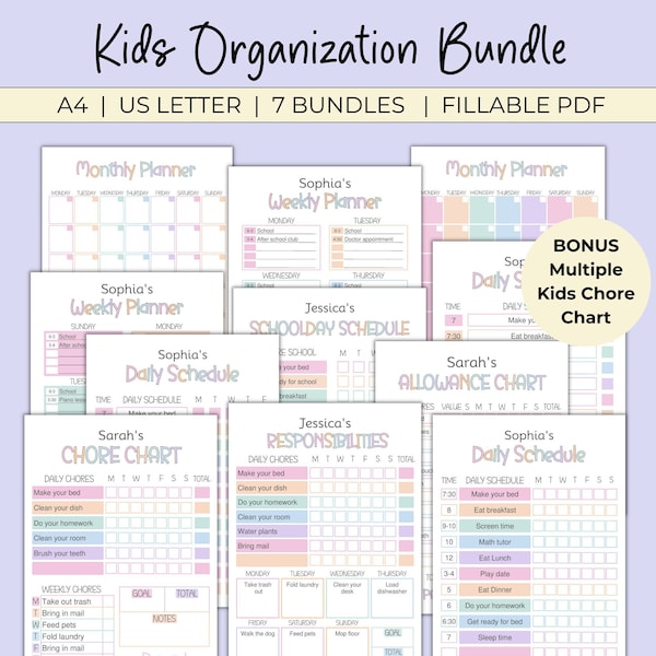 Kids Organization Bundle Printable Kids Chore Chart, Allowance Chart, Daily, Weekly and Monthly planners, School Day Schedule, Busy Mom Plan