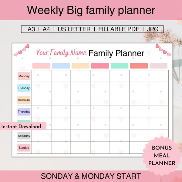 Weekly Big Family Planner 6 & 7 members Editable A3, A4, Letter, Family Calendar Printable, Family Command Center, Gift For Busy Mom.