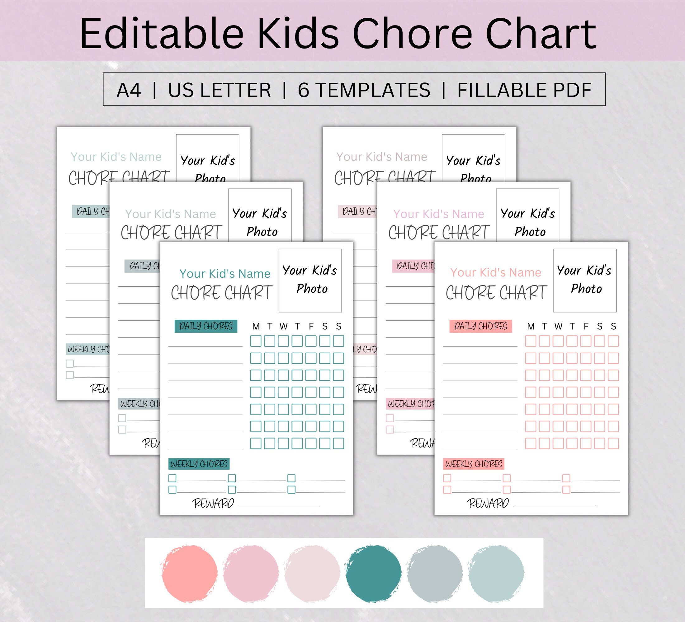 Editable Kids Chore Chart With Photo Printable Reward Chart, 6 Colors