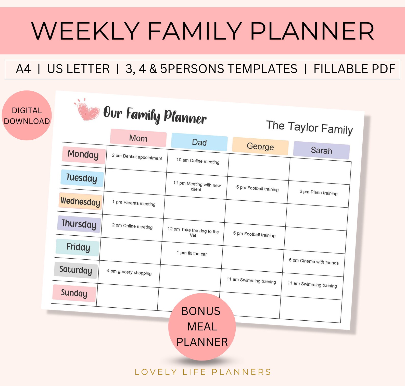 Weekly Family Planner Printable Family Calendar Editable Family Schedule Customized Digital ...