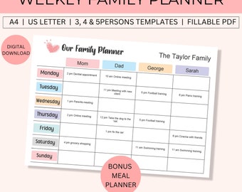 Weekly Family Planner Printable Family Calendar Editable Family Schedule Customized Digital Family Planner Template, 3, 4 & 5 Members.